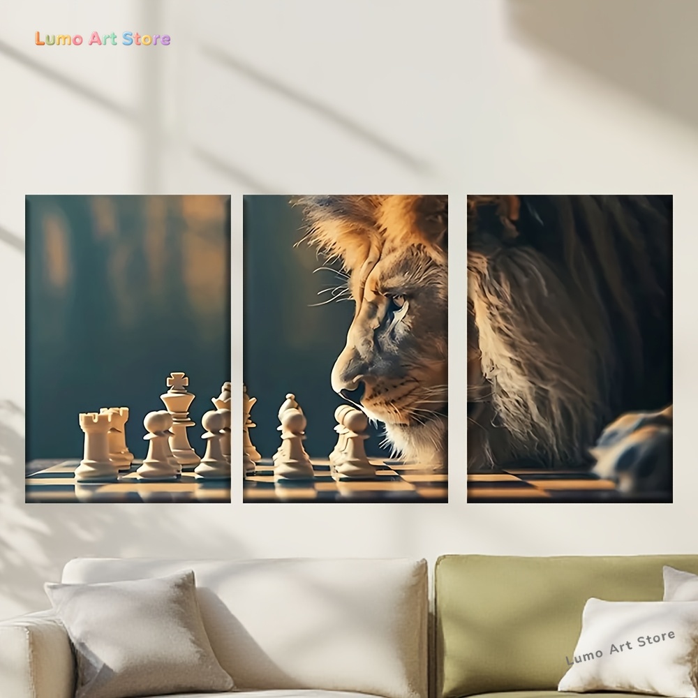 Home Office And Library - 3pcs/set, Canvas painting--Unframed, lion and chess,