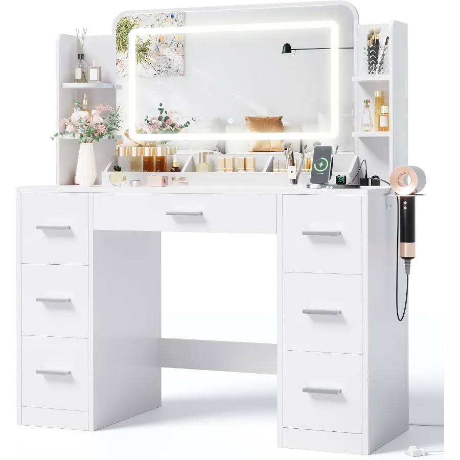 Power Strip Desk - Makeup Vanity Desk with Large Mirror
