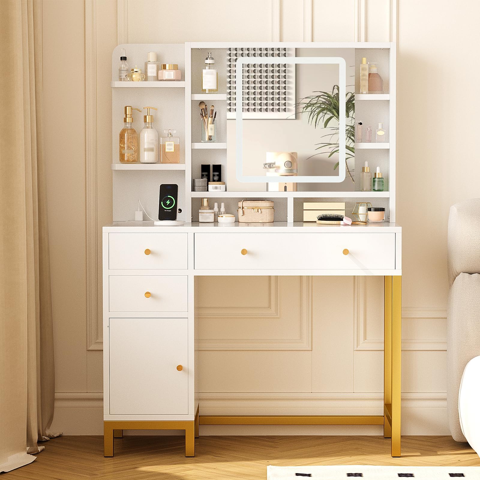 Power Strip Desk - White Vanity Desk with Mirror and