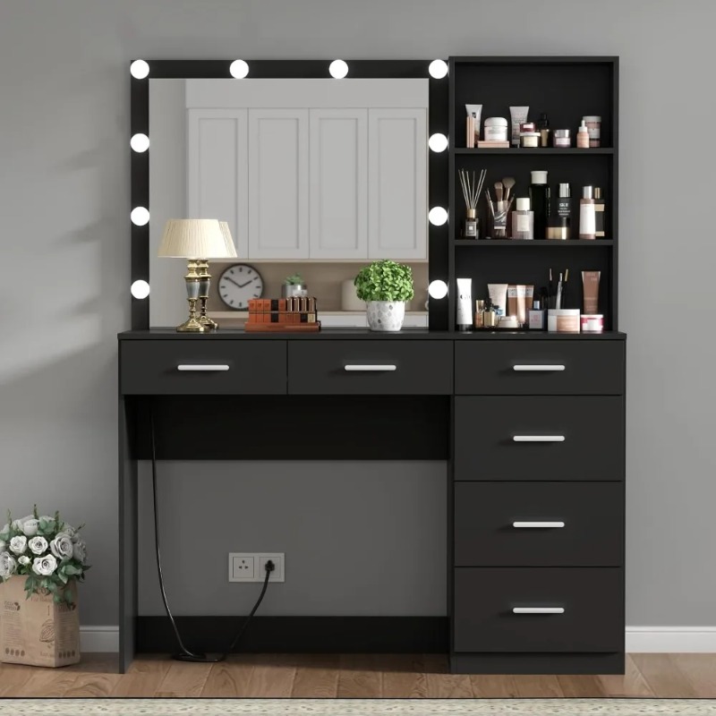 Power Strip Desk - 39 Inches Black Vanity Desk with