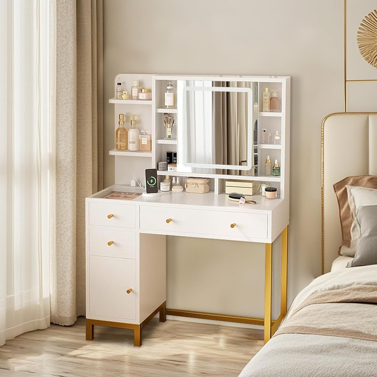 White Vanity Desk with Mirror  - огляд і ціна Power Strip Desk